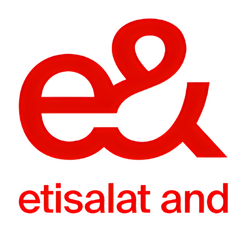 E& logo: bold white ampersand symbol inside a vibrant red circle